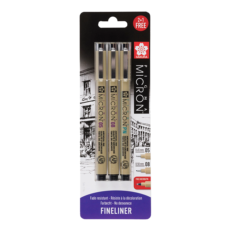Technické perá Sakura Pigma Micron® 05, 08, PN - sada 3ks v blistri