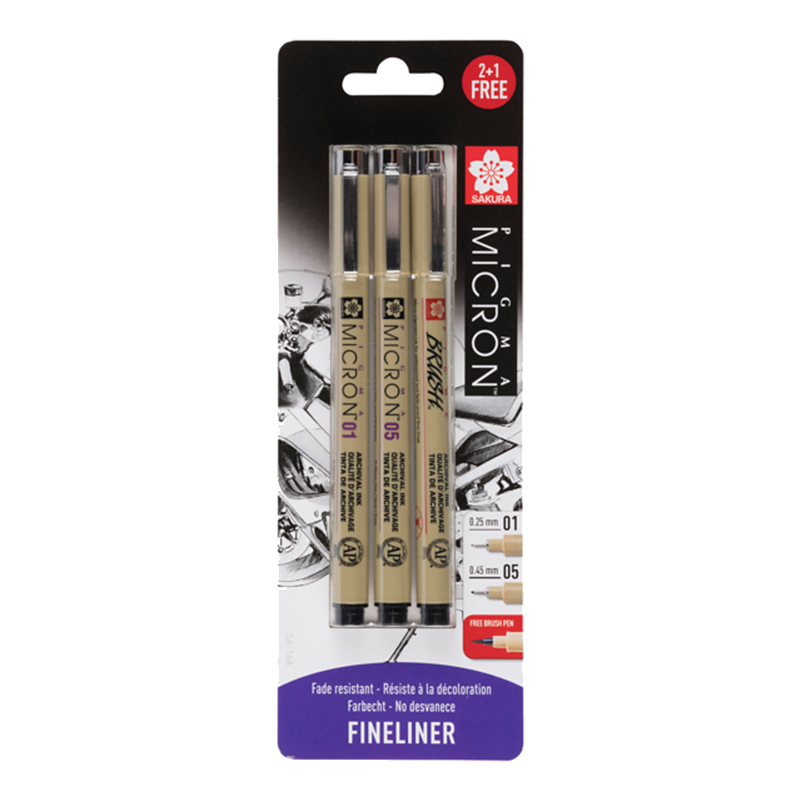 Technické perá Sakura Pigma Micron® 01, 05, brush - sada 3ks v blistri
